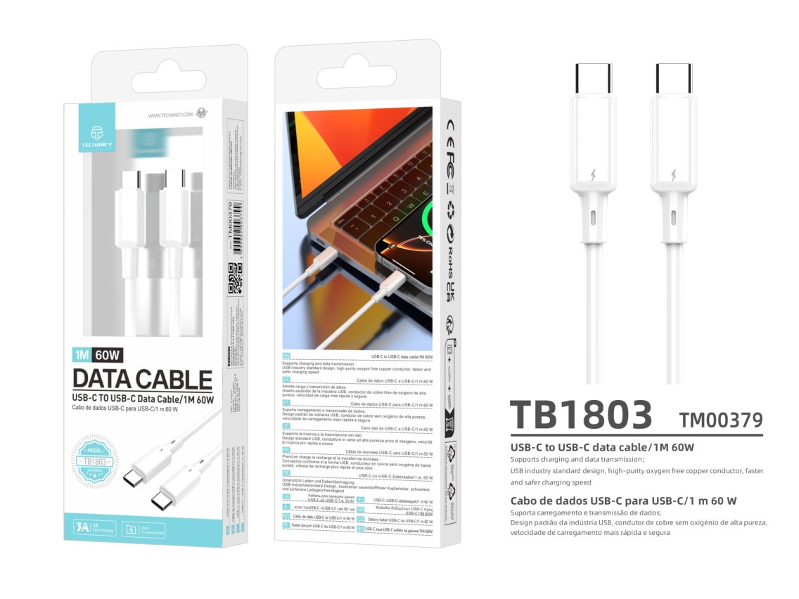 Cable USB-C a USB-C Techancy TB1803 (1 m, 60 W, carga r�pida y datos) para m�vil, tableta y port�til