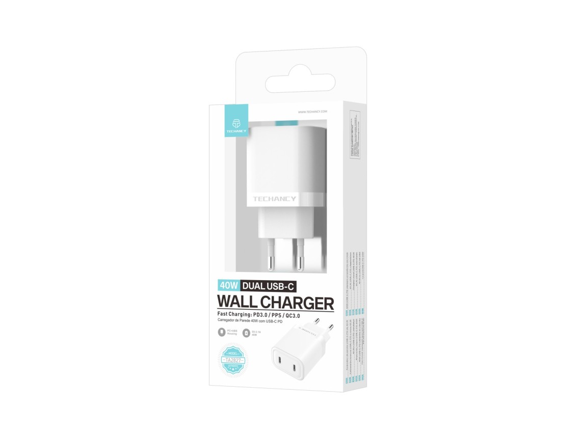 Cargador rápido Techancy 40W Dual USB C PD PPS TA2827 para iPhone, Android, tableta, adaptador UE, b