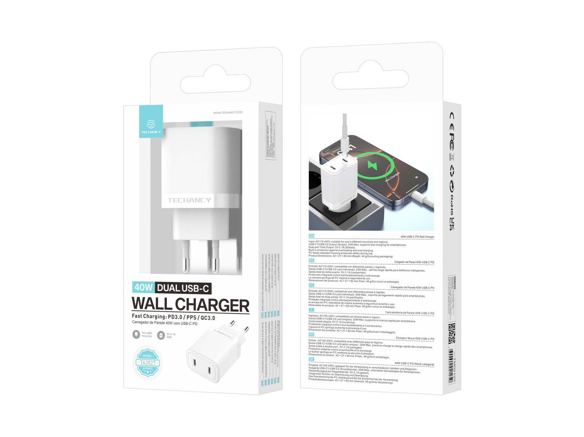 Cargador rápido Techancy 40W Dual USB C PD PPS TA2827 para iPhone, Android, tableta, adaptador UE, b