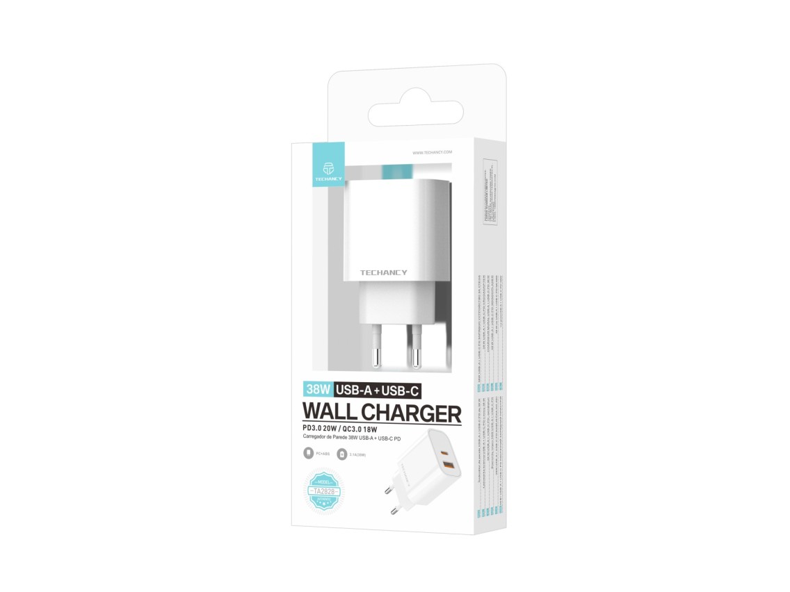 Cargador Techancy TA2828 USB A y USB C PD QC3.0 de 38 W, carga rápida para iPhone, Android, tableta,
