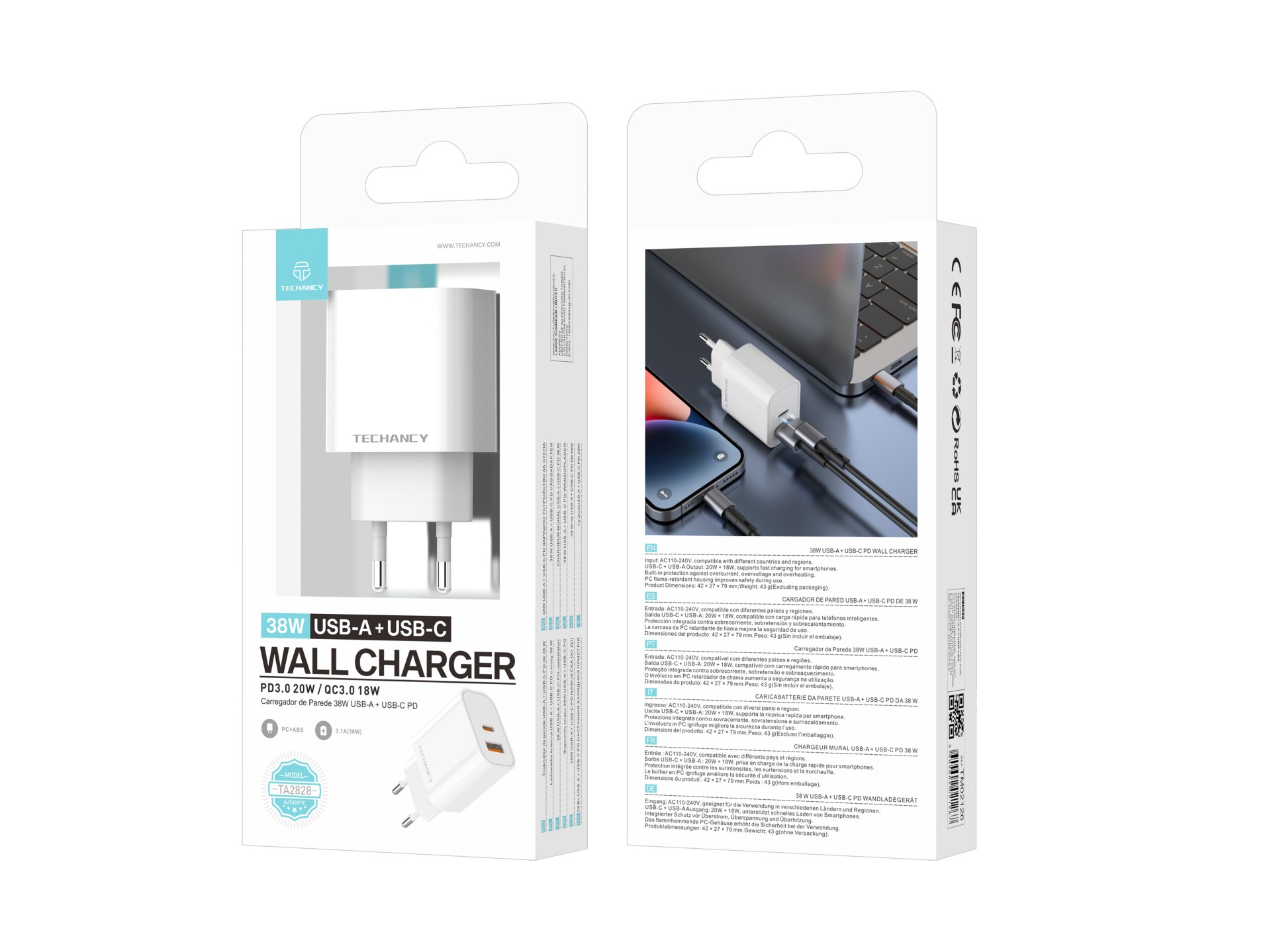 Cargador Techancy TA2828 USB A y USB C PD QC3.0 de 38 W, carga rápida para iPhone, Android, tableta,
