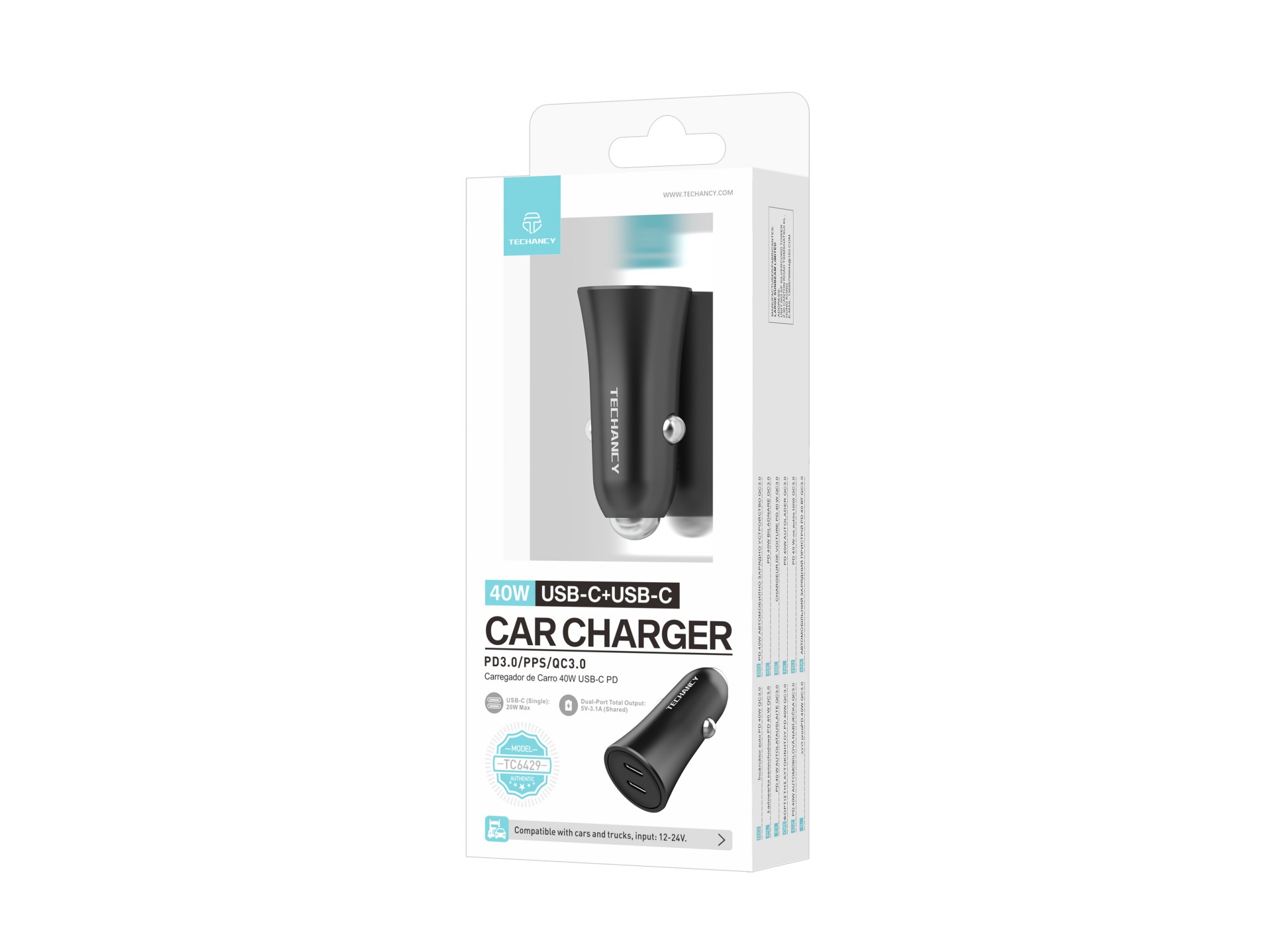 Techancy Carregador de carro 40W Dual USB C PD PPS QC3.0 TC6429 Carregamento rapido 12V 24V Preto