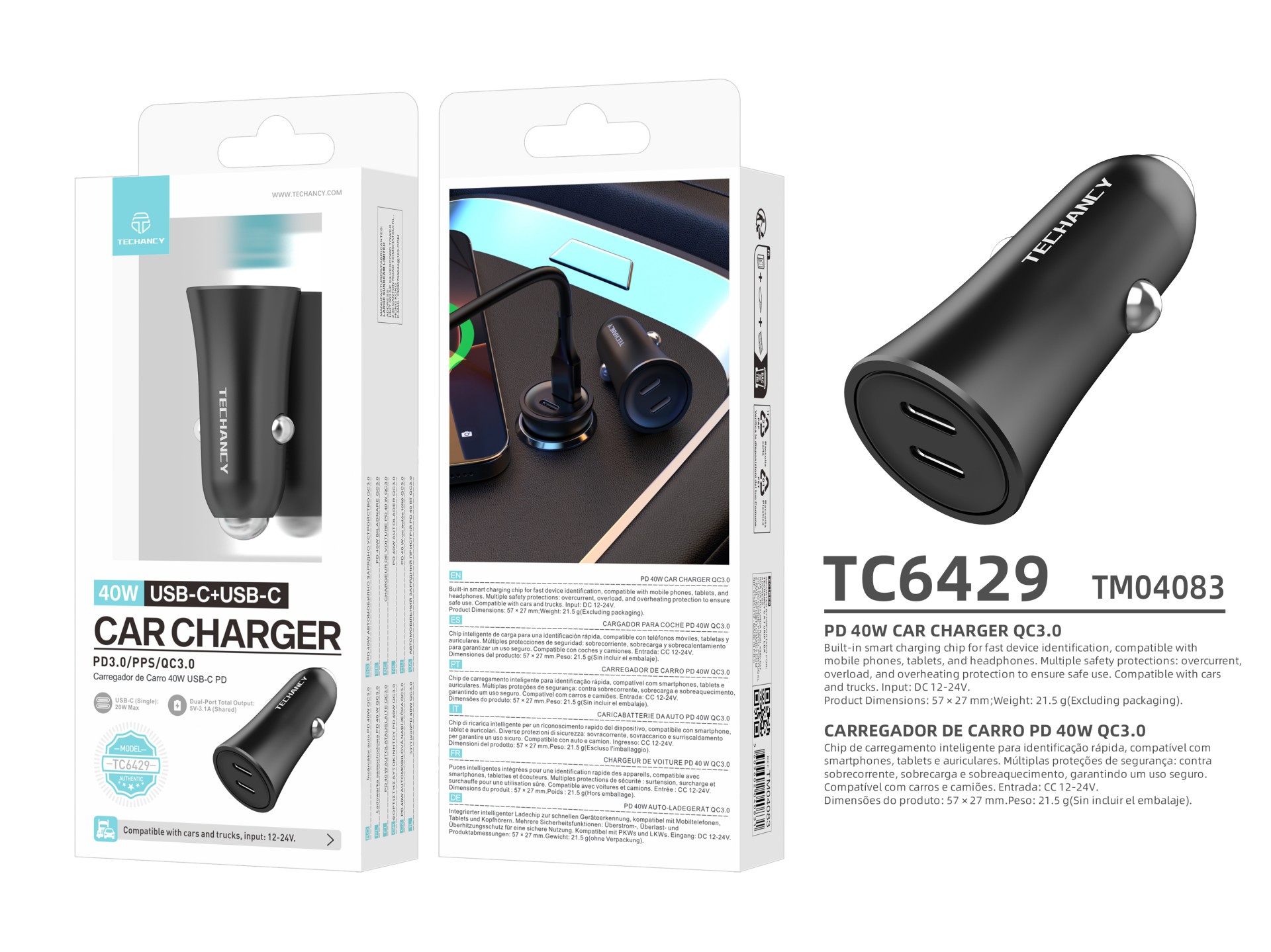 Techancy Carregador de carro 40W Dual USB C PD PPS QC3.0 TC6429 Carregamento rapido 12V 24V Preto