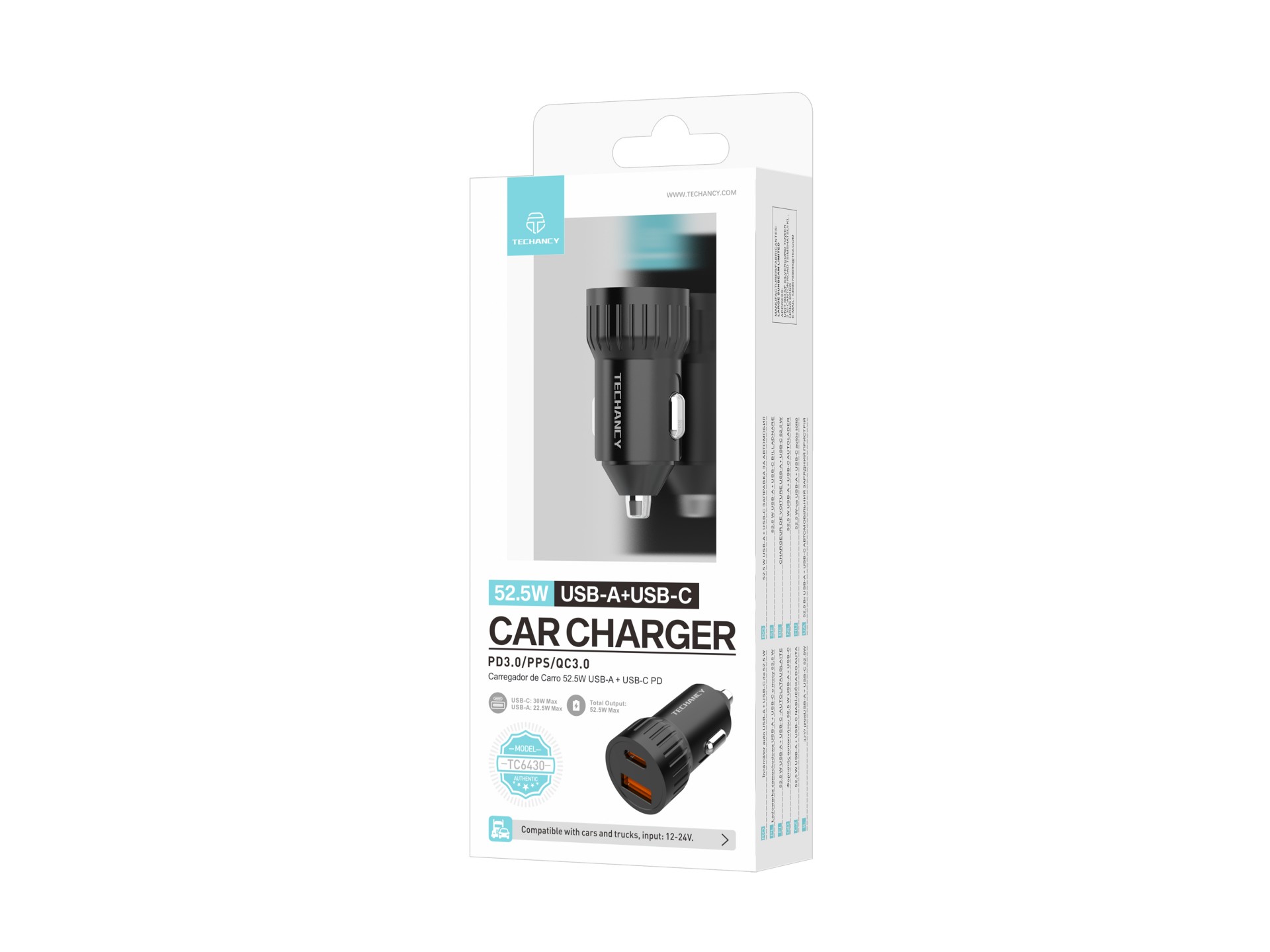 Techancy Carregador de carro 52.5W USB A e USB C PD PPS QC3.0 TC6430 Carregamento rapido 12V 24V Pre