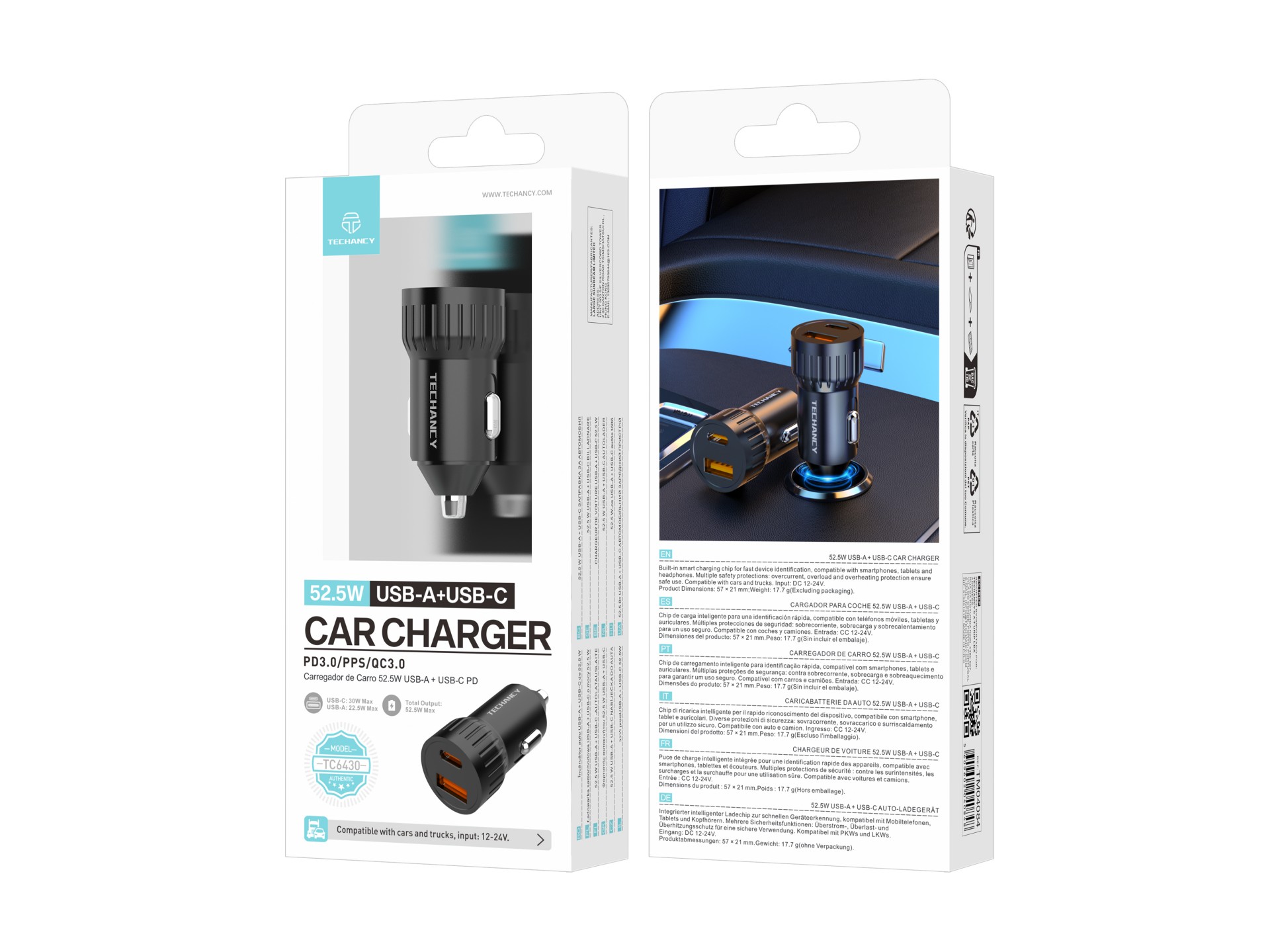 Techancy Carregador de carro 52.5W USB A e USB C PD PPS QC3.0 TC6430 Carregamento rapido 12V 24V Pre