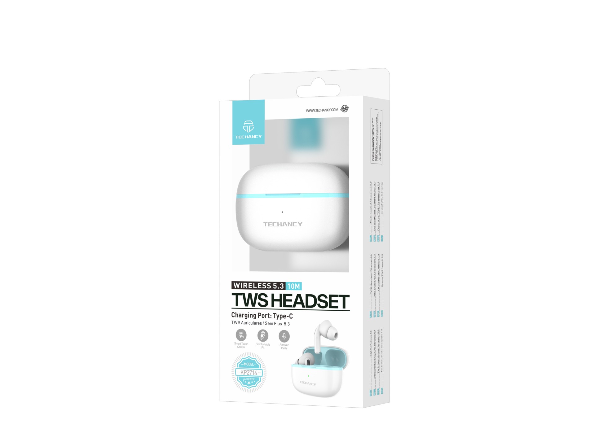 Auriculares Techancy TWS KP2714, Bluetooth 5.3, conexión 10m, USB-C, batería 4h, sonido nítido, cómo