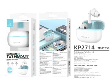 Techancy Auriculares TWS KP2714 Bluetooth 5.3 liga��o 10m USB-C 4h de autonomia som n�tido confort�v
