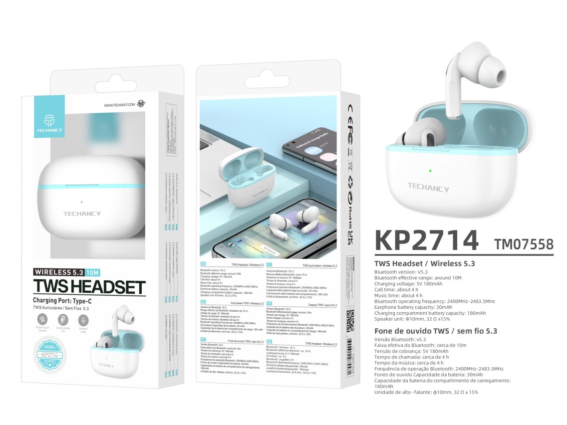 Auriculares Techancy TWS KP2714, Bluetooth 5.3, conexión 10m, USB-C, batería 4h, sonido nítido, cómo