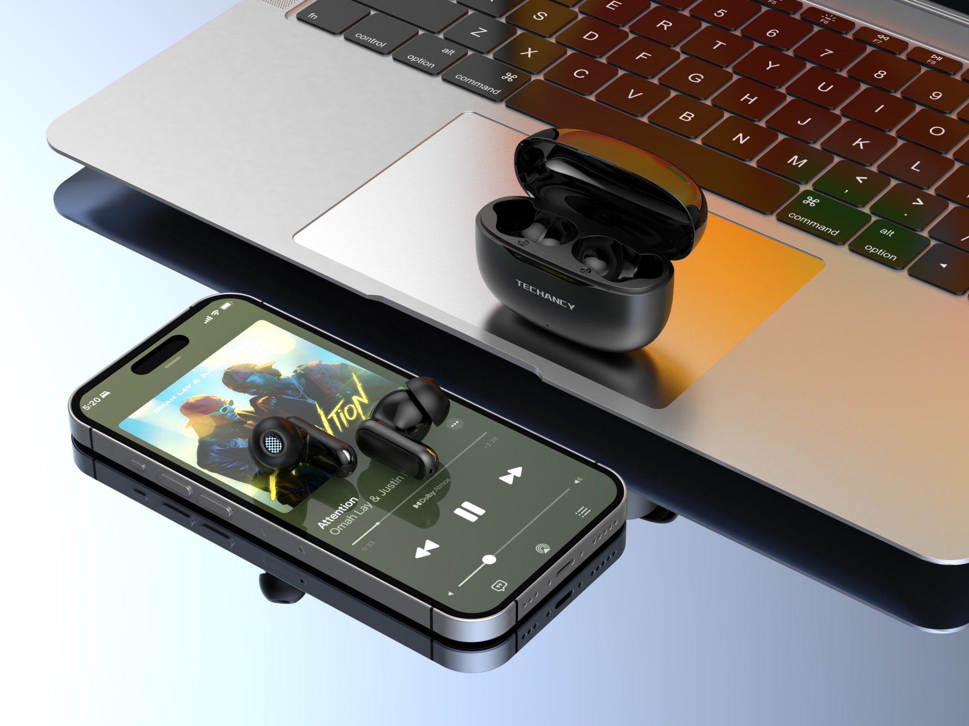 Techancy Auriculares Bluetooth TWS Wireless 5.4 KP2715 Microfone HD Toque inteligente USB C para And