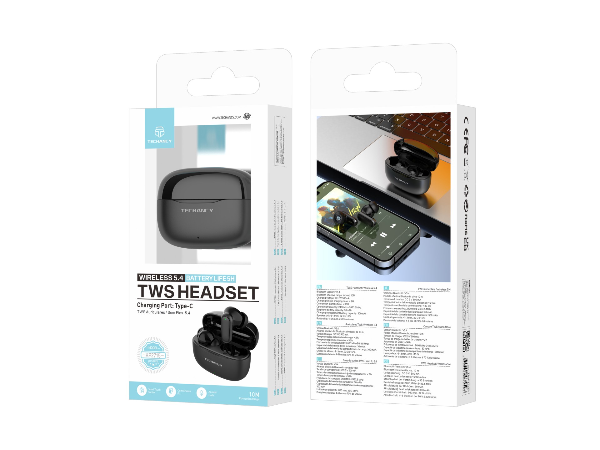 Techancy Auriculares Bluetooth TWS Wireless 5.4 KP2715 Microfone HD Toque inteligente USB C para And