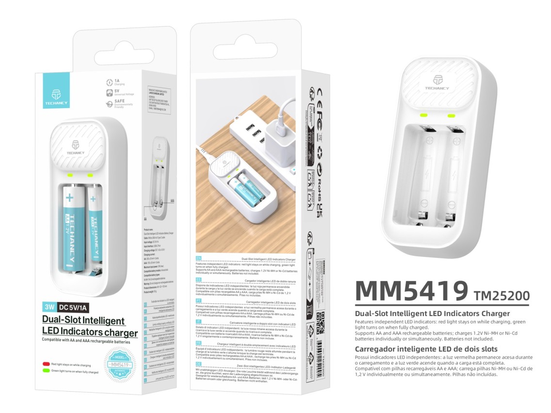 Techancy Carregador inteligente de pilhas MM5419 2 slots LED independente compatível com AA e AAA Ni