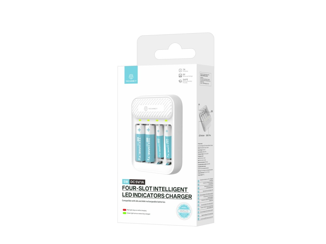 Techancy Carregador inteligente de pilhas MM5420 4 slots LED independente compatível com AA e AAA Ni