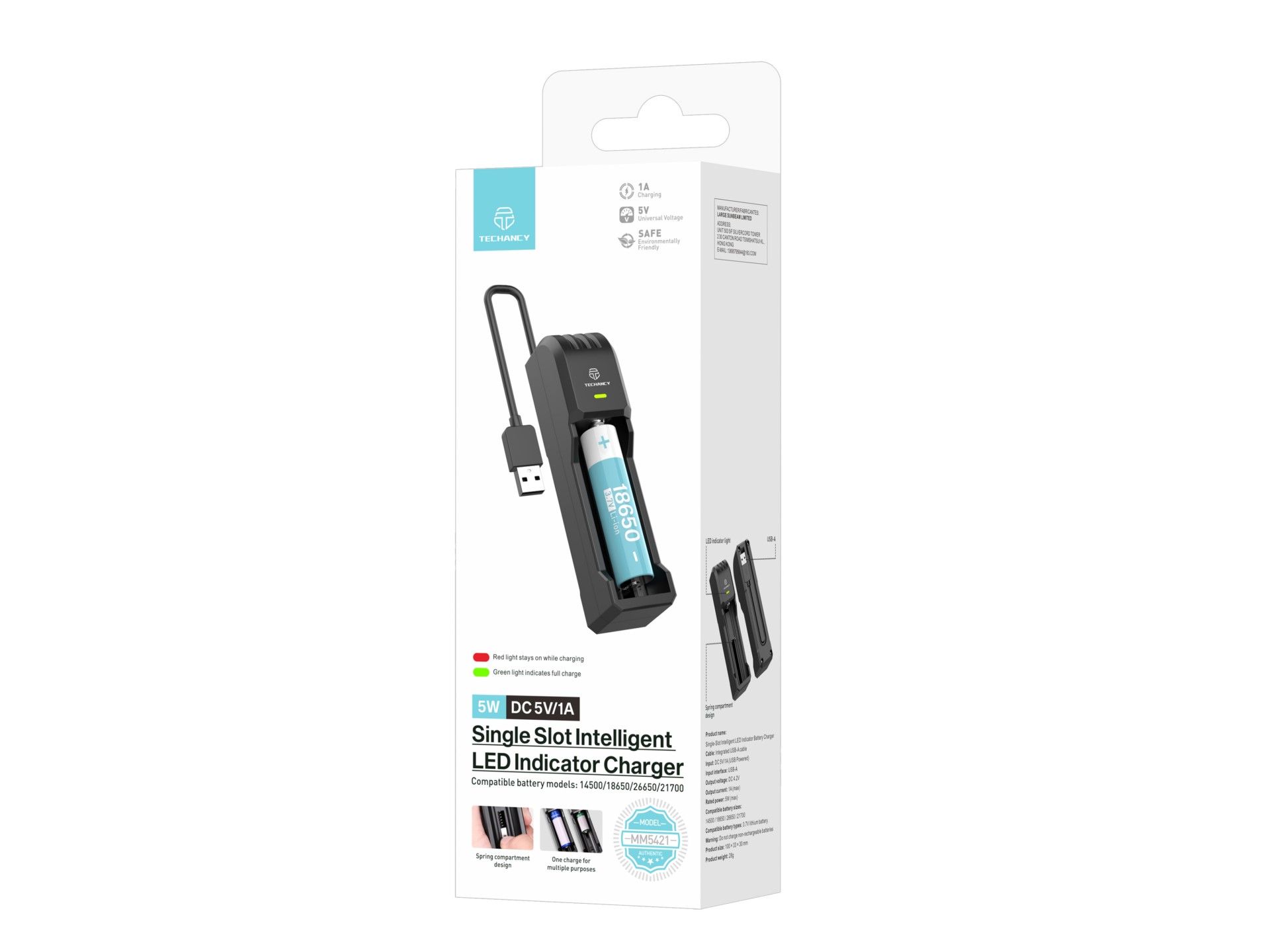 Techancy Carregador de bateria único MM5421 indicador LED compatível com 14500 18650 26650 21700 3.7