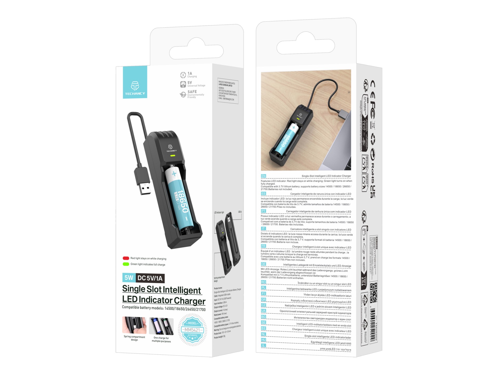 Techancy Carregador de bateria único MM5421 indicador LED compatível com 14500 18650 26650 21700 3.7