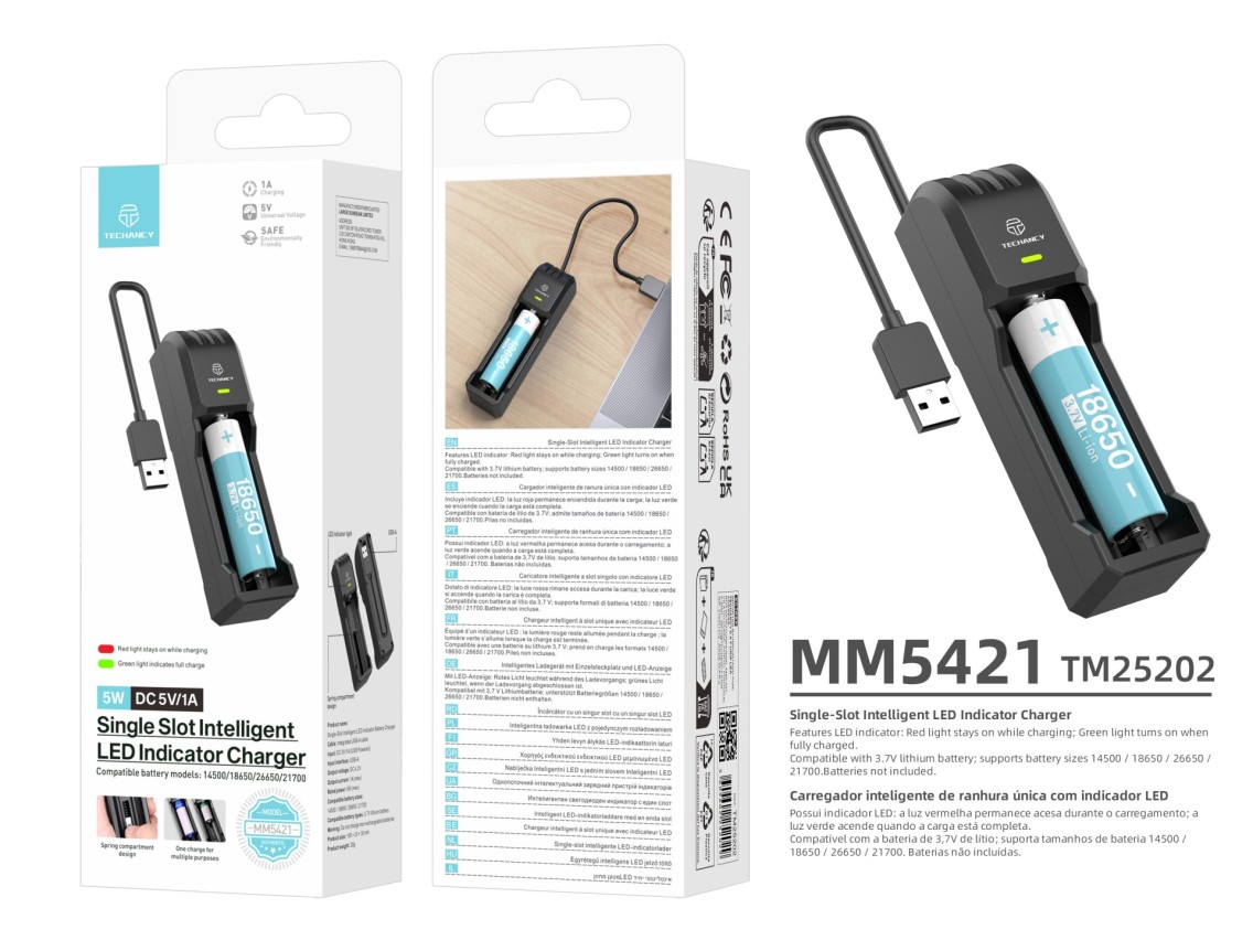 Techancy Carregador de bateria �nico MM5421 indicador LED compat�vel com 14500 18650 26650 21700 3.7