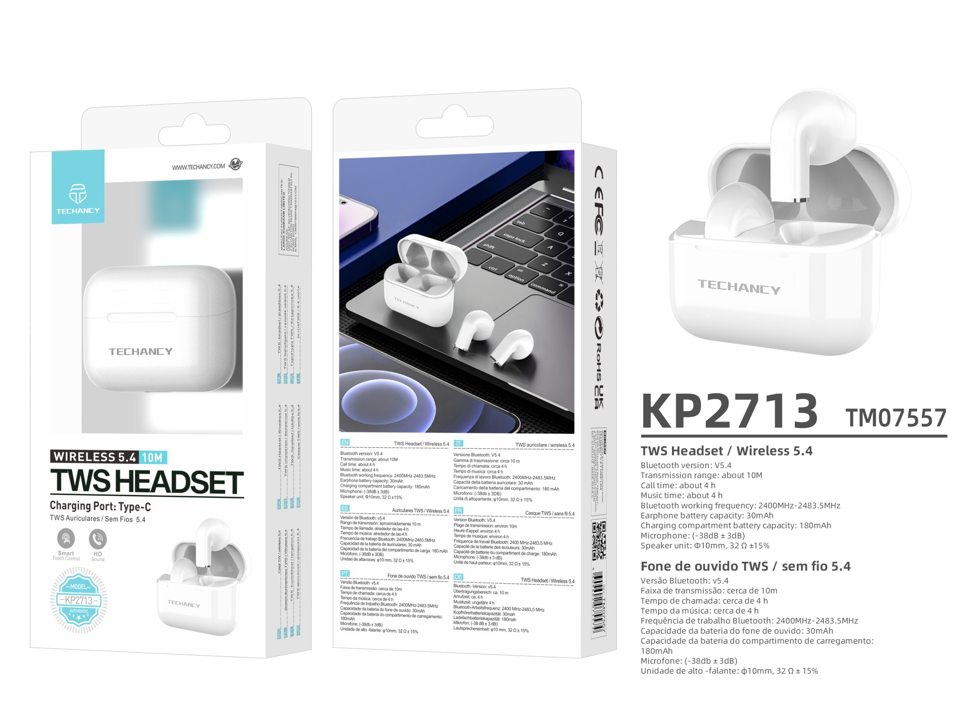 Techancy Auriculares TWS KP2713 Bluetooth 5.4 true wireless USB-C 4h de autonomia ligação estável 9m