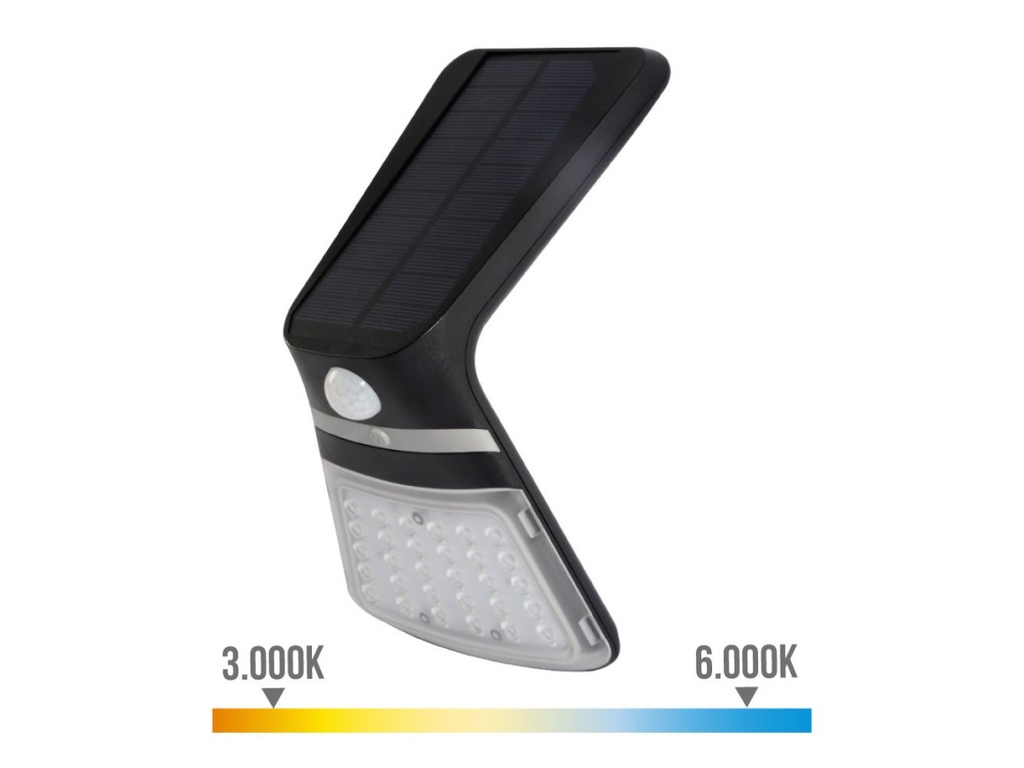 Candeeiro de parede solar 3,5w 430lm sensor de presença recarregável (2-8m) cor preto 10,5x13cm edm