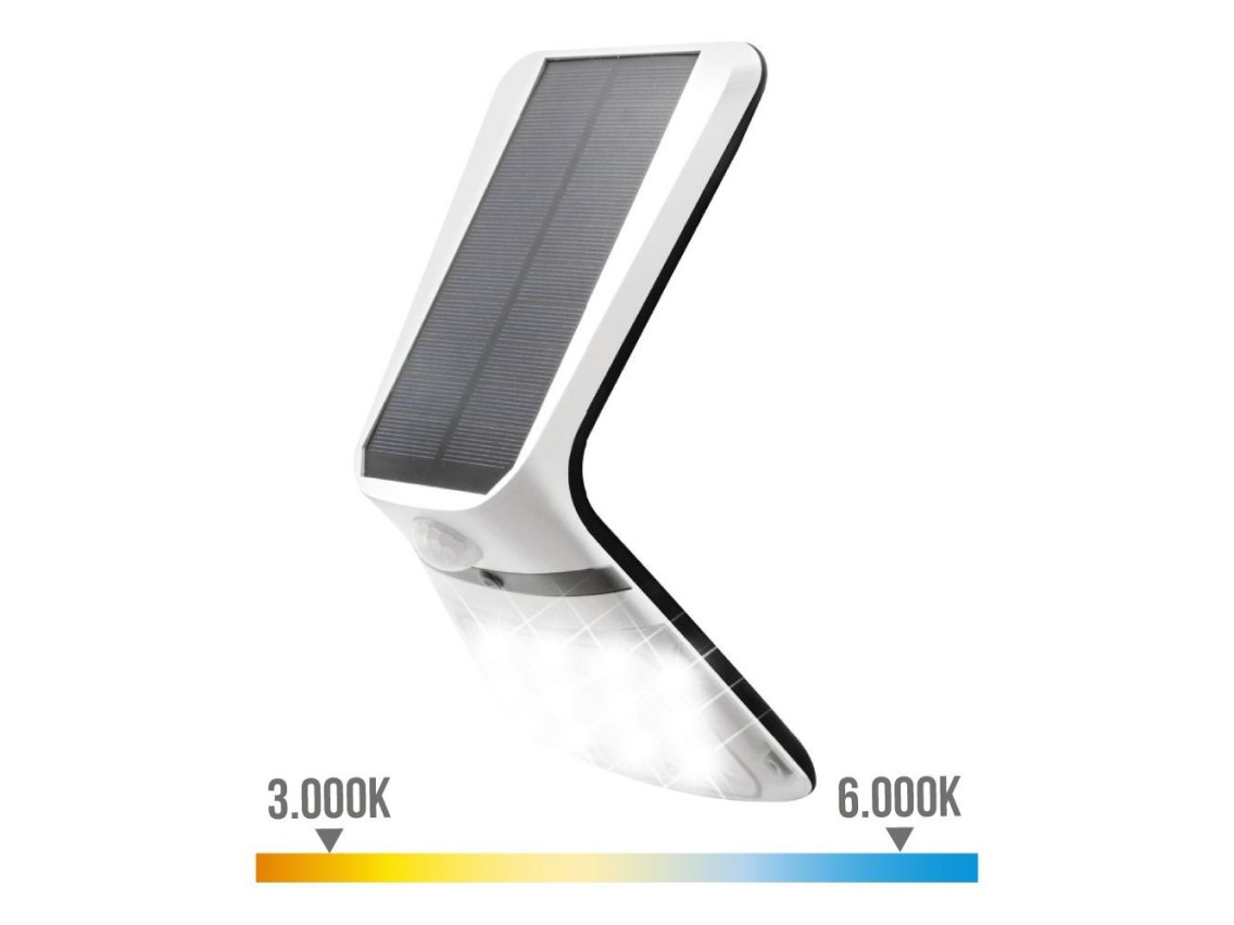 Candeeiro de parede solar 3,5w 430lm sensor de presença recarregável (2-8m) cor branca 10,5x13cm edm