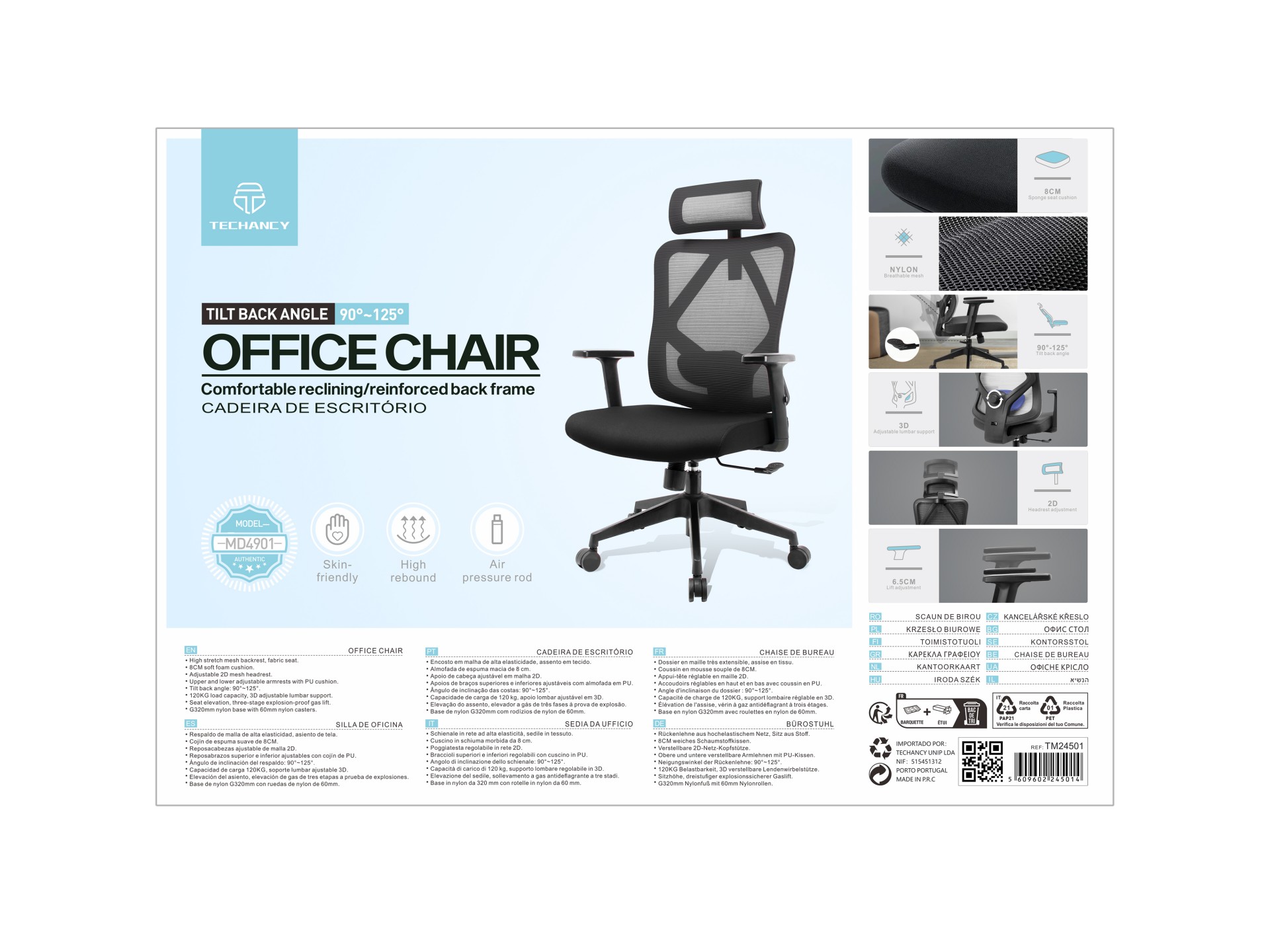 Techancy Black Computer Office Chair MD4901, Fabric Seat, Curved Lumbar Support, 3D Adjustable Angle