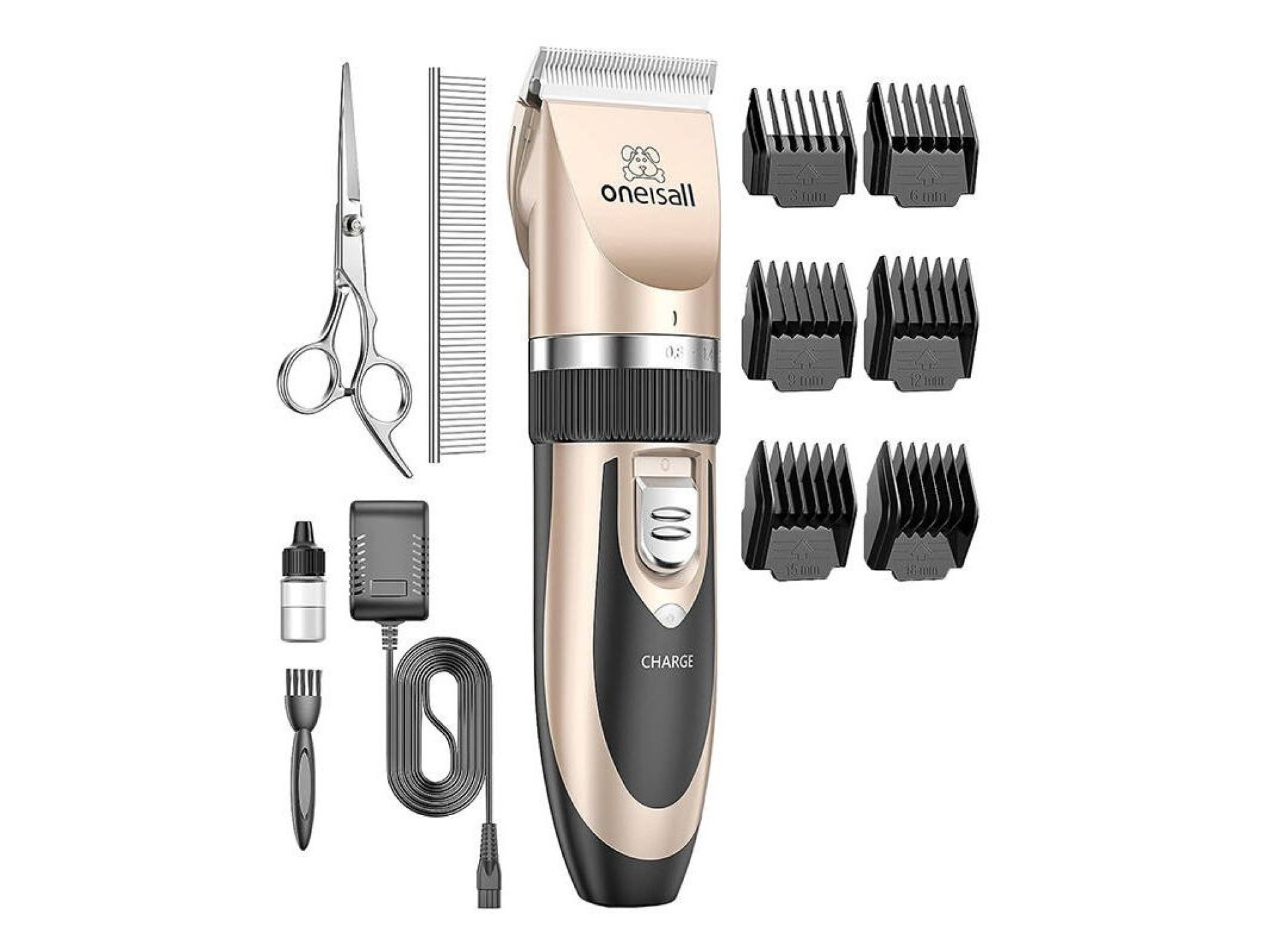 Conjunto Oneisall P2 de Máquina de Tosquiar, Tesoura e Pente para Animais de Estimação (Dourado)