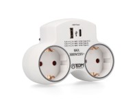 Adapter with 2 schuko 2p+e sockets and 2 usb ports (a+c), white