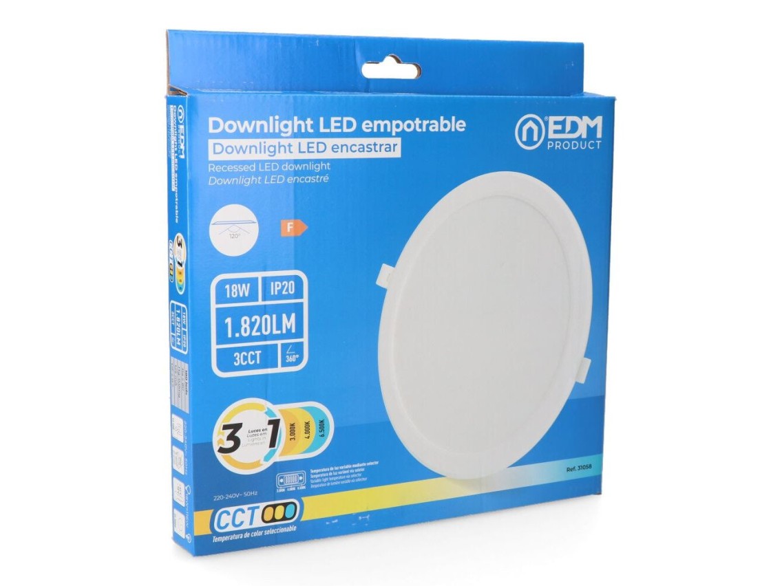 Recessed led downlight, round, 18 w, 3cct, 1820 lm, white frame, ø22.3 cm