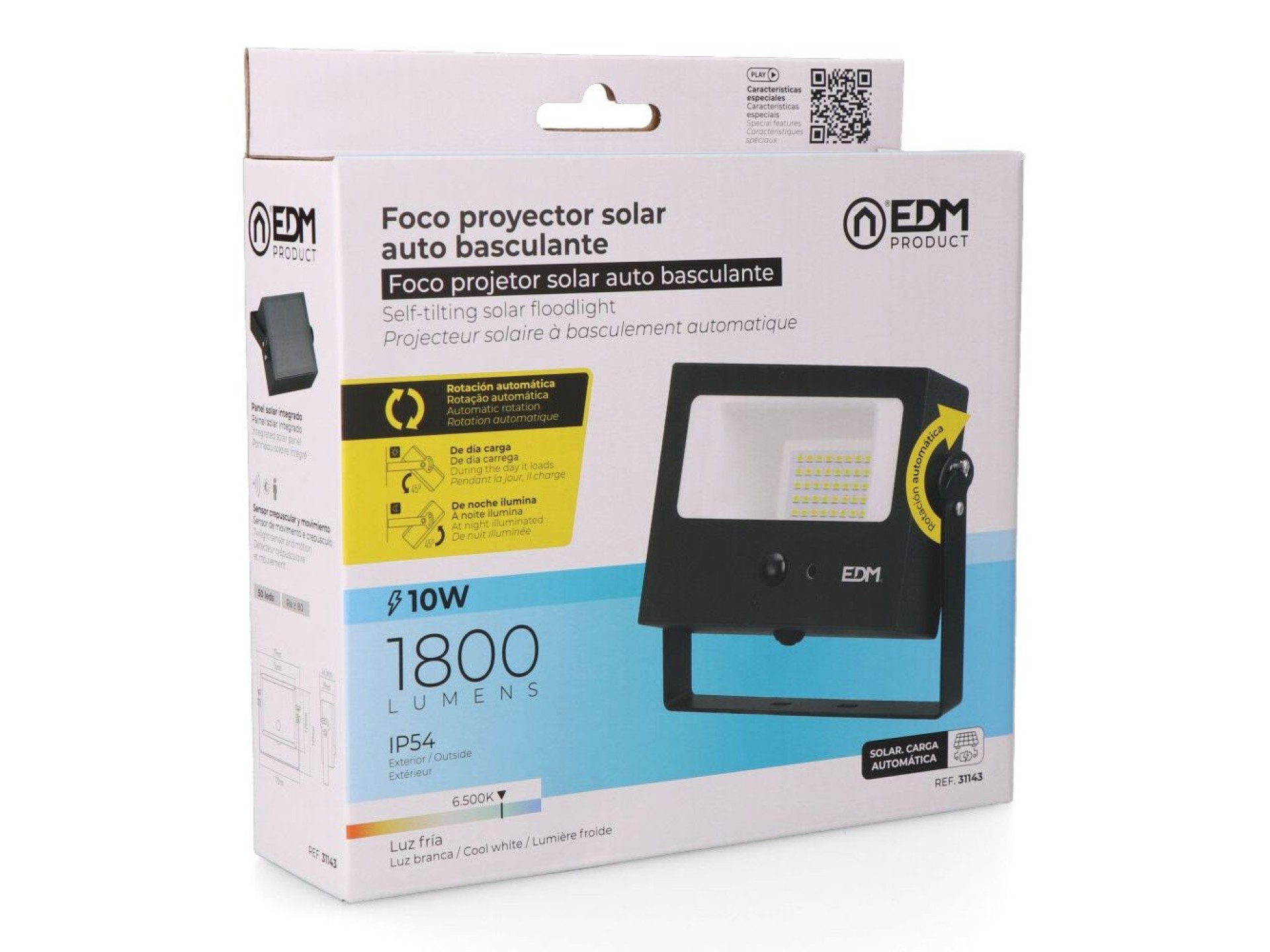 Solar floodlight, self-tilting, 10 w, 1800 lm, 6500 k, with motion sensor, black