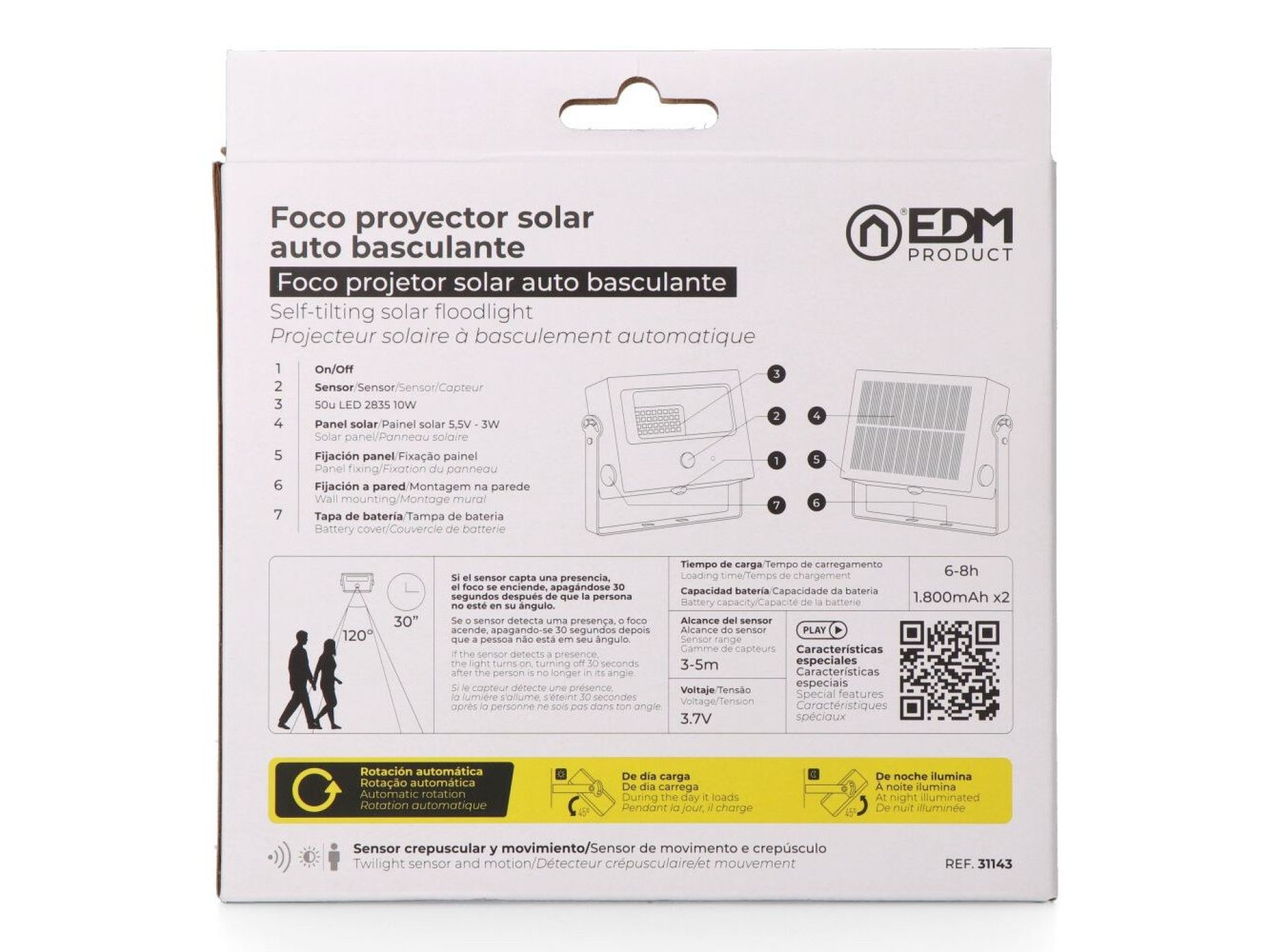 Solar floodlight, self-tilting, 10 w, 1800 lm, 6500 k, with motion sensor, black