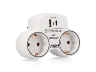 Adaptador com 2 tomadas 2p+t schuko e 2 usb (a+c), branco