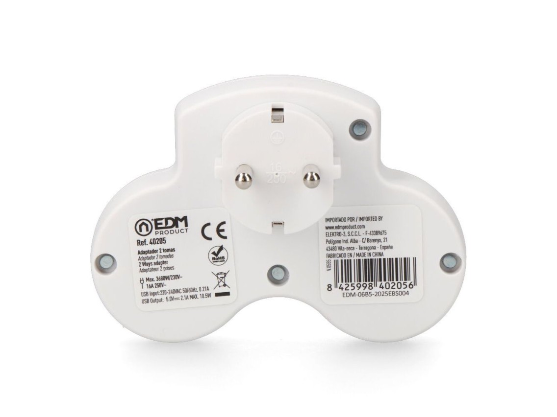 Adapter with 2 schuko 2p+e sockets and 2 usb ports (a+c), white