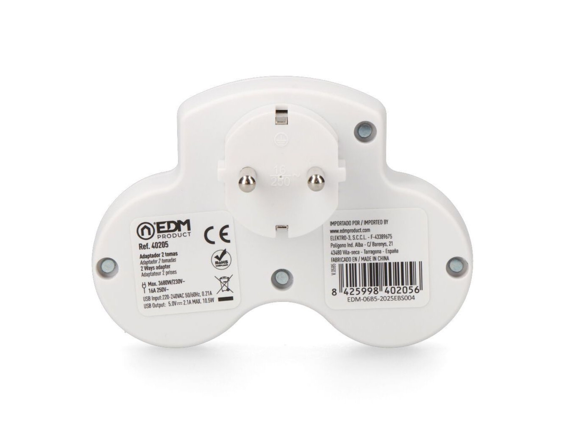 Adaptador 2 tomas 2p+t schuko con 2 usb (a + c), blanco