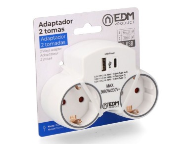 Adaptador com 2 tomadas 2p+t schuko e 2 usb (a+c), branco