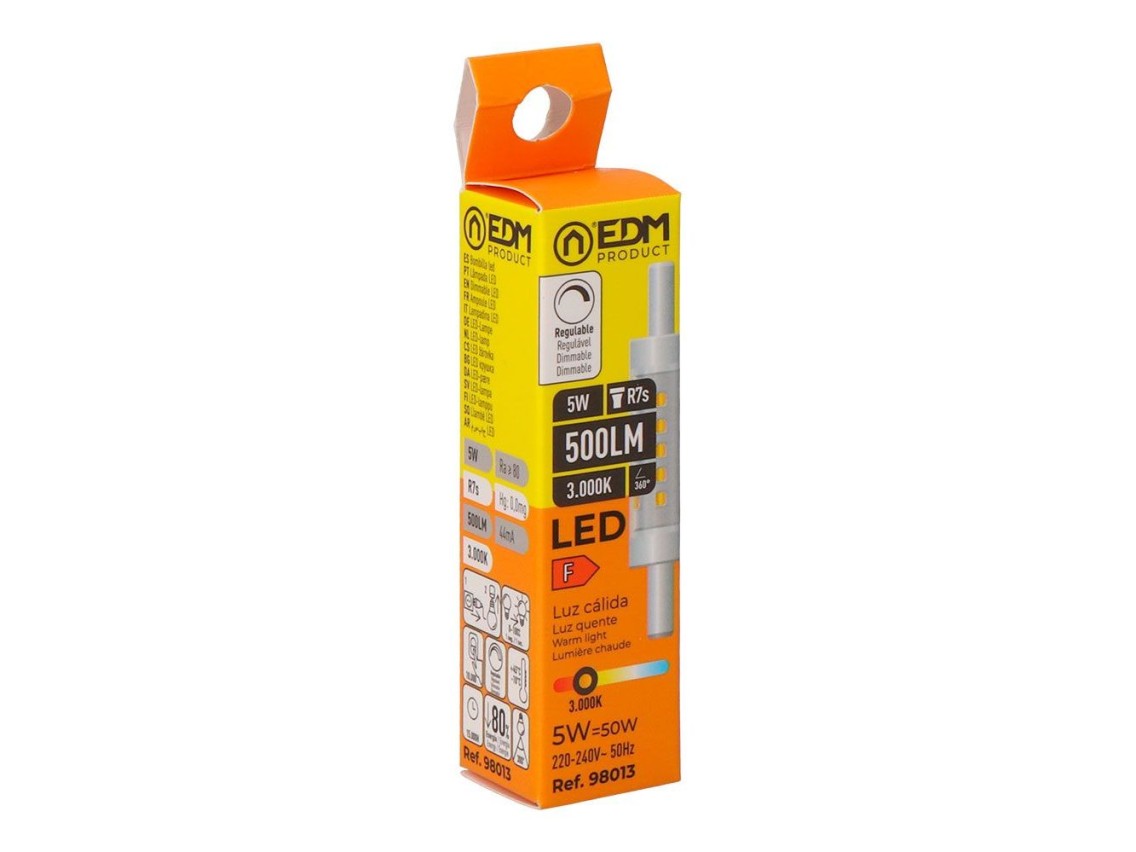 Bombilla lineal led 78 mm, r7s, 5 w, 500 lm, 3000 k, luz cálida, regulable, ø15 x 78 mm