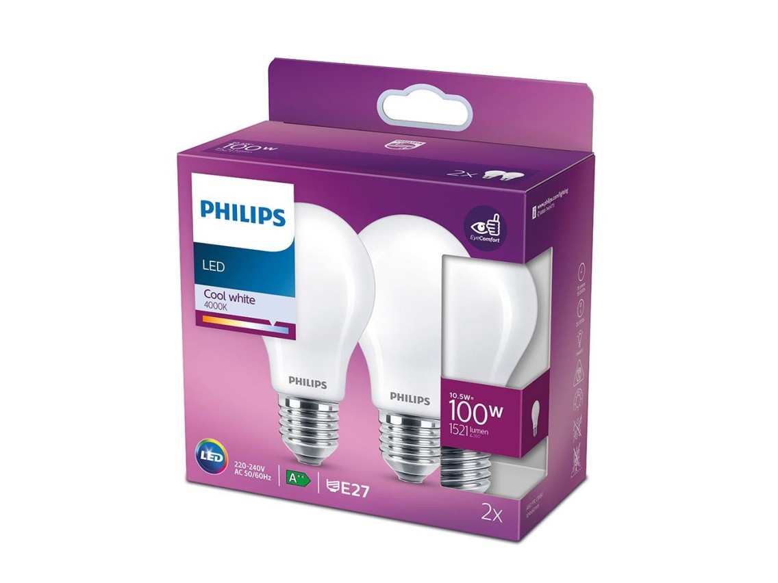 Standard led bulb e27, 10.5 w, 1521 lm, 4000 k, daylight, 2 units