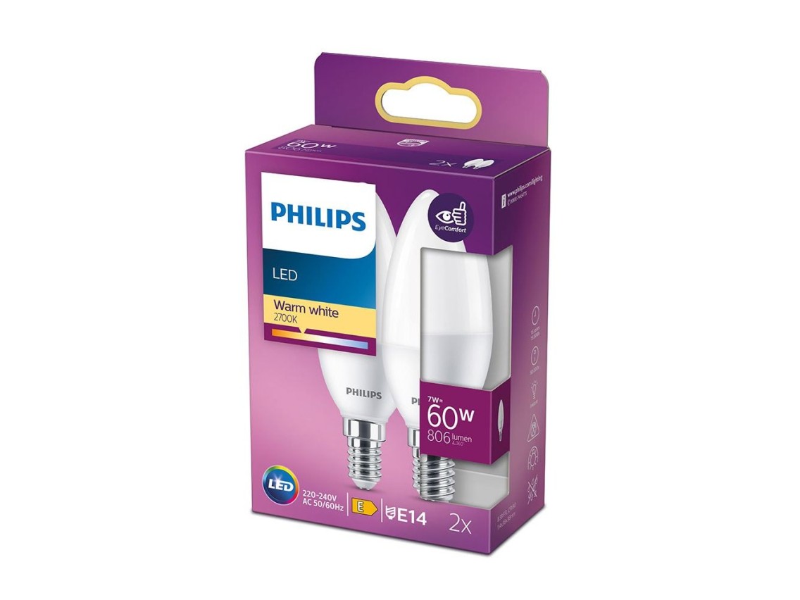 Bombilla vela led e14, 7w, 806 lm, 2700 k, luz cálida, 2 uds