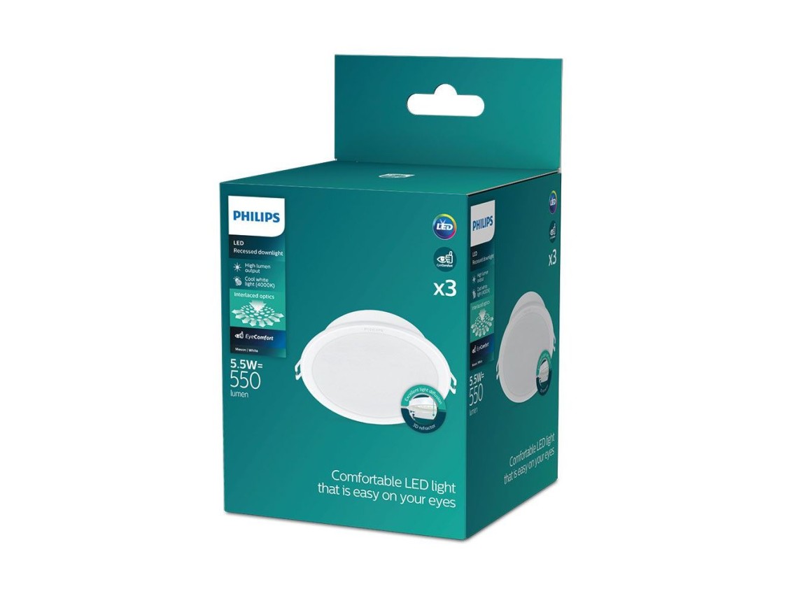 Pack 3pcs meson downlight color white, 5,5w, 550im. philips