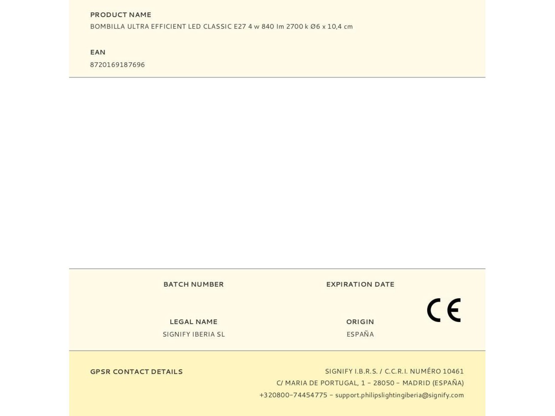 Lâmpada ultra efficient led classic 4w 840im e27 2700k, ø6x10,4cm, philips