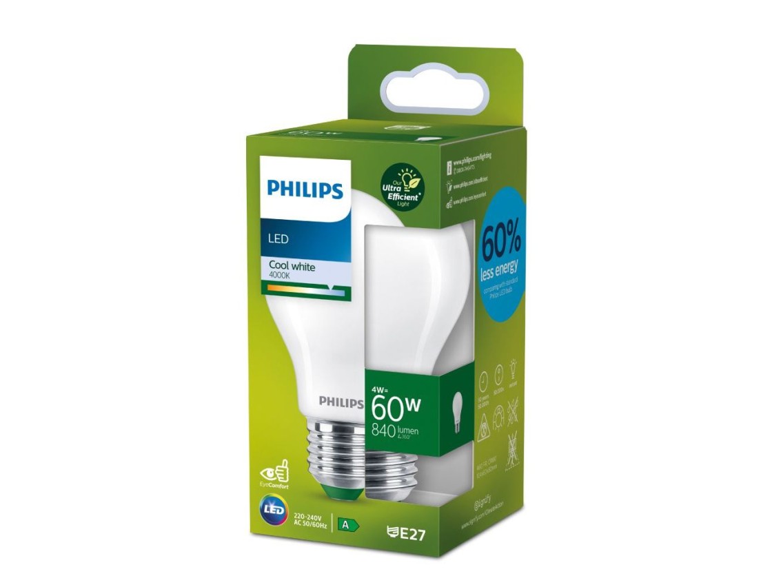 Ultra efficient led classic 4w 840im e27 4000k, ø6x10,4 cm, bulb daylight. philips