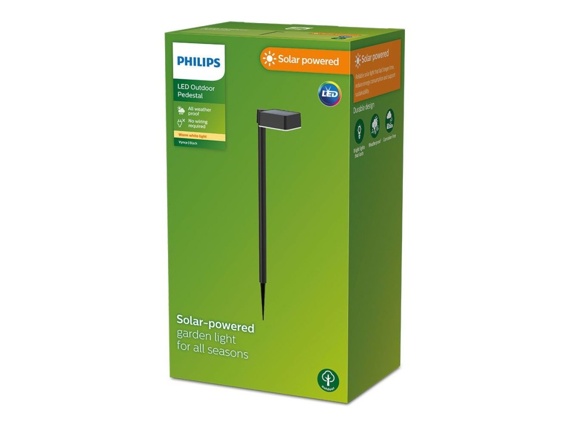 Square solar pedestal, ip 44 1.5w, 200im 2700k, warm light, measurements: 10.5x13.5x54cm. philips