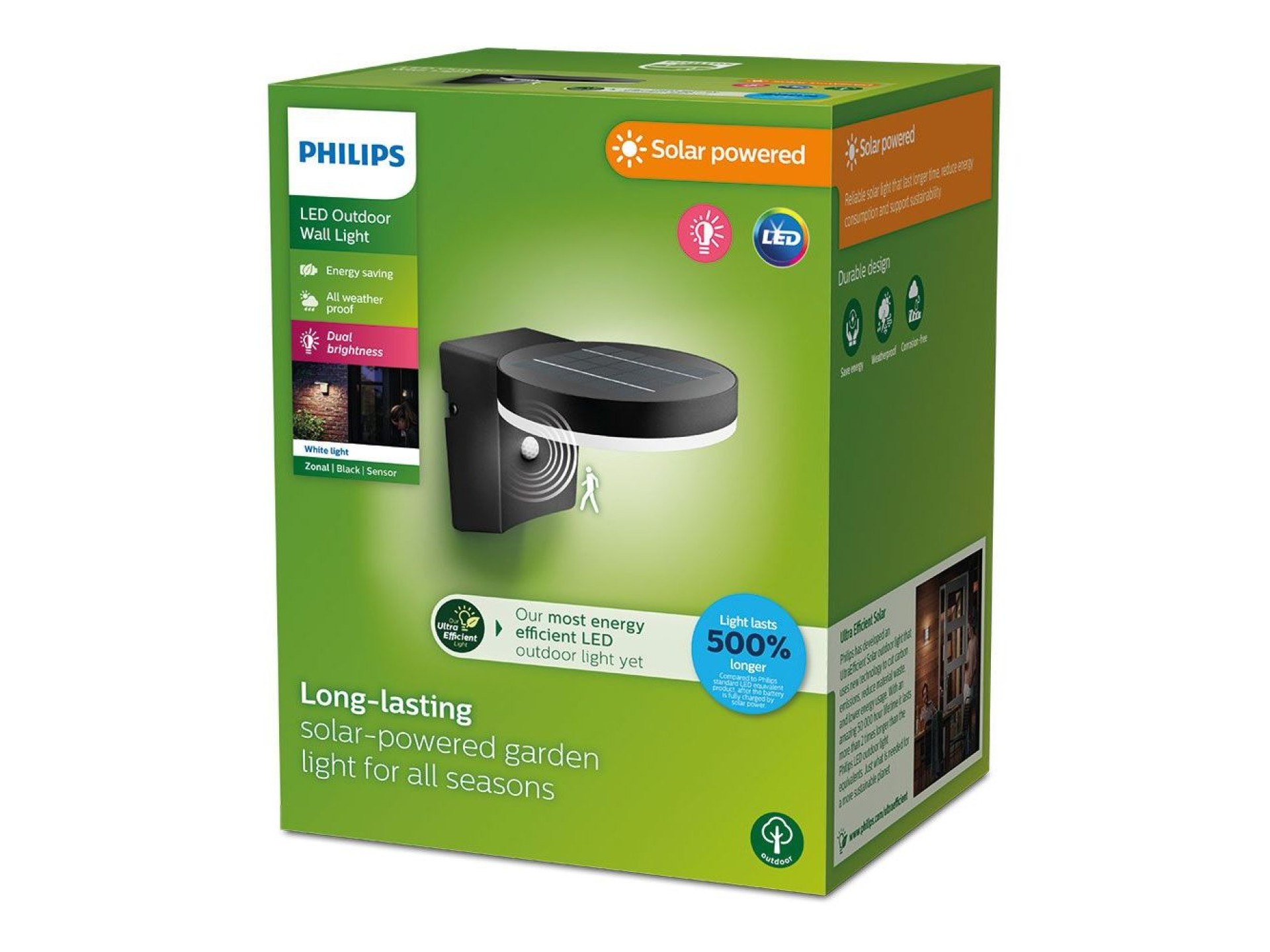 Aplique solar mural redondo ultraeficiente,ip44 1,3w, 250im 3000k, luz quente. philips