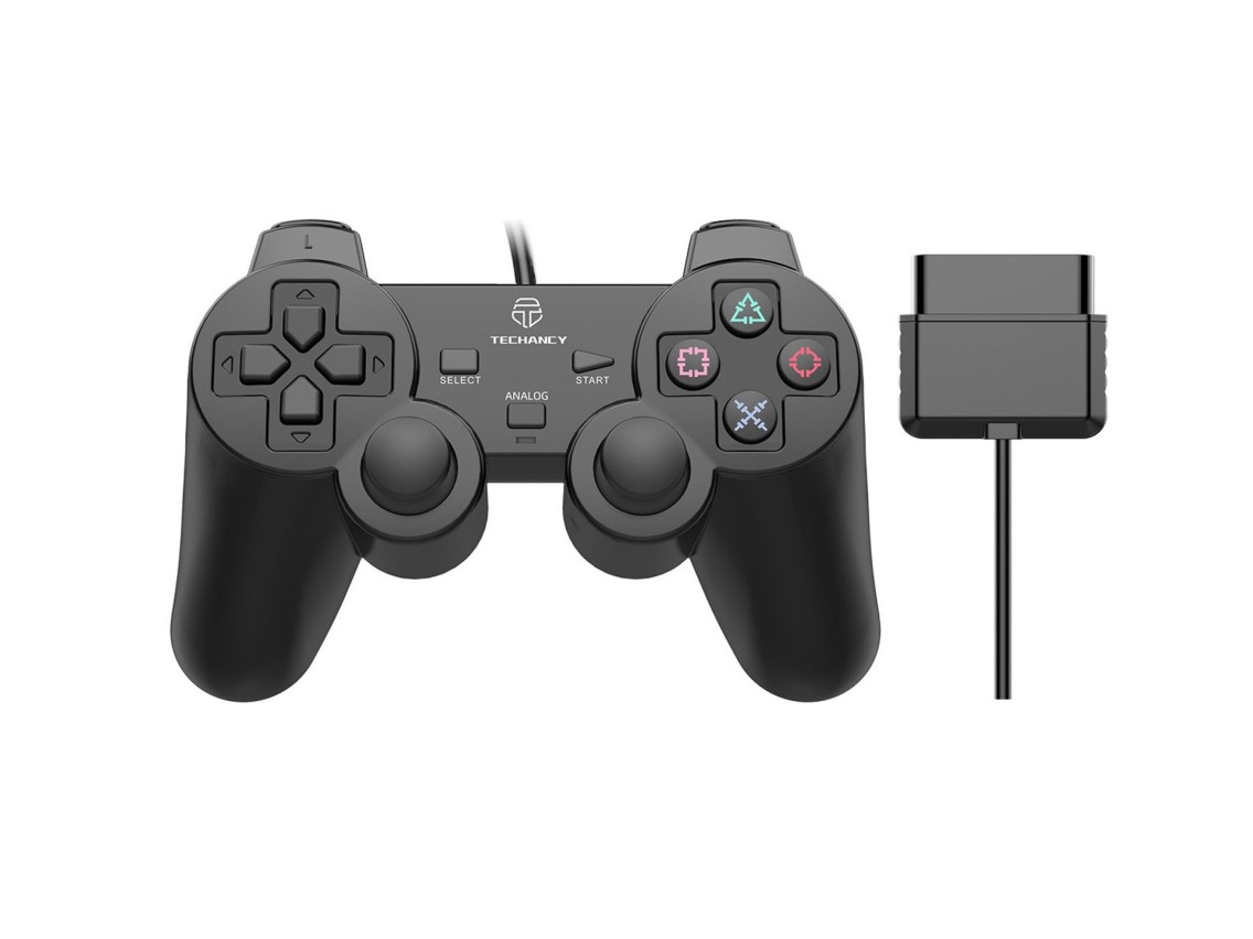 Controlador de juegos PS2 con cable USB Techancy TX1702, con dos joysticks y vibración, negro