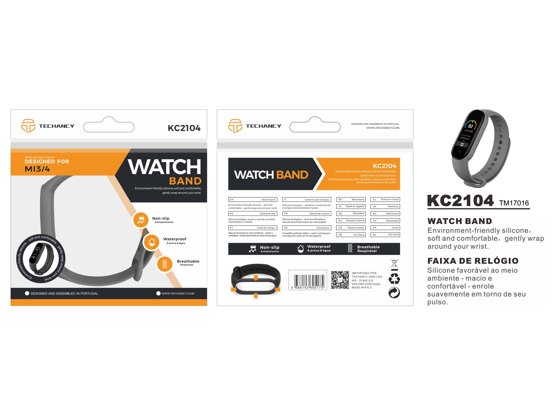 Techancy Gray Silicone Bracelet KC2104, Compatible with Mi3/4 Smart Band, Made of Silicone, Soft and