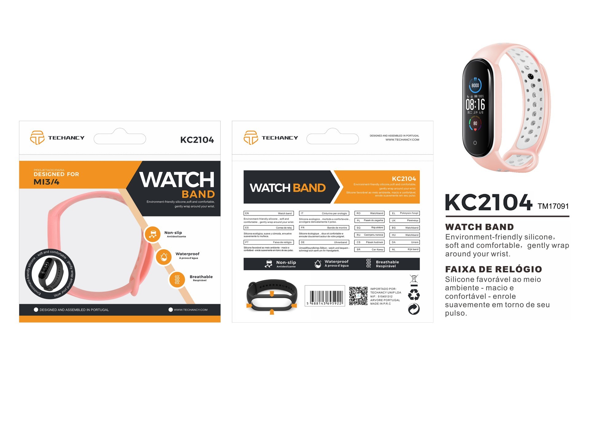 Techancy Pink and White Sports Watch Band KC2104, Compatible with Mi3/4 Smart Band, Made of Soft Sil