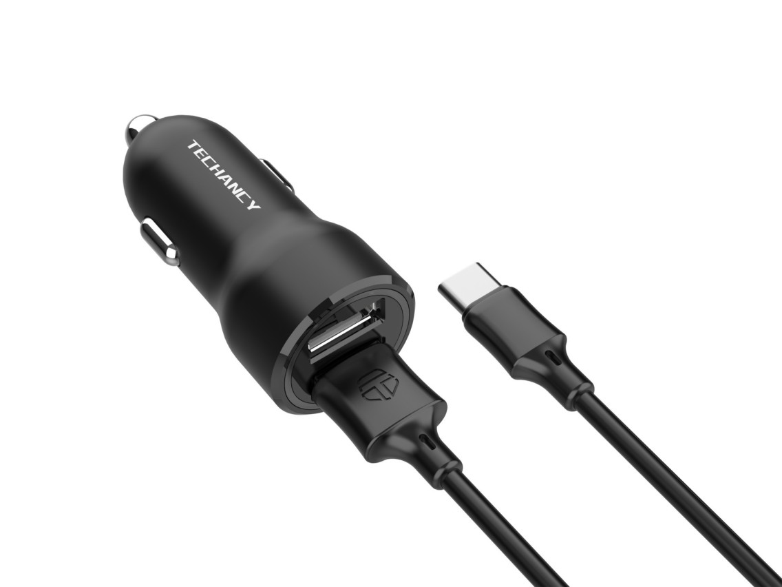 Techancy Carregador de Carro 2USB 2.4A com Cabo Type-C/1M TC6422 Preto , Carregamento R�pido, Prote�