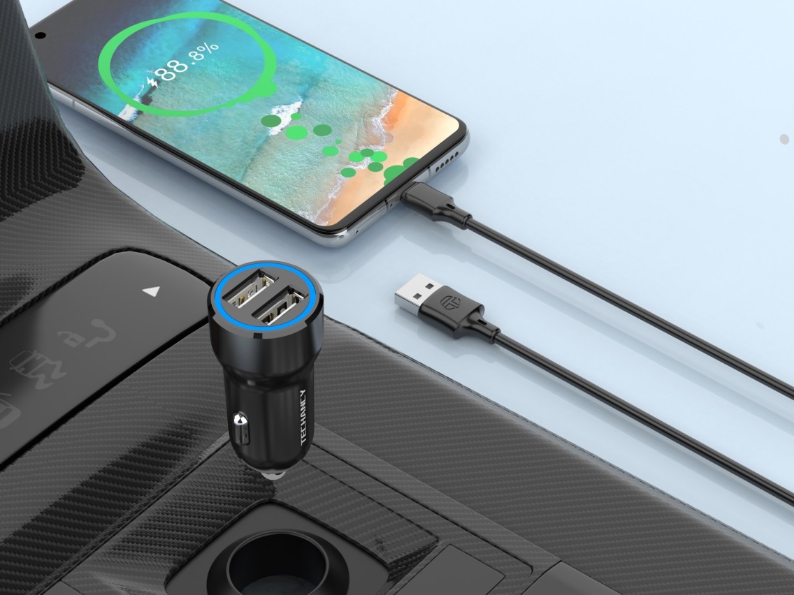 Techancy Carregador de Carro 2USB 2.4A com Cabo Type-C/1M TC6422 Preto , Carregamento R�pido, Prote�