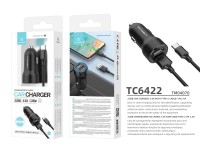 Techancy Carregador de Carro 2USB 2.4A com Cabo Type-C/1M TC6422 Preto , Carregamento R�pido, Prote�