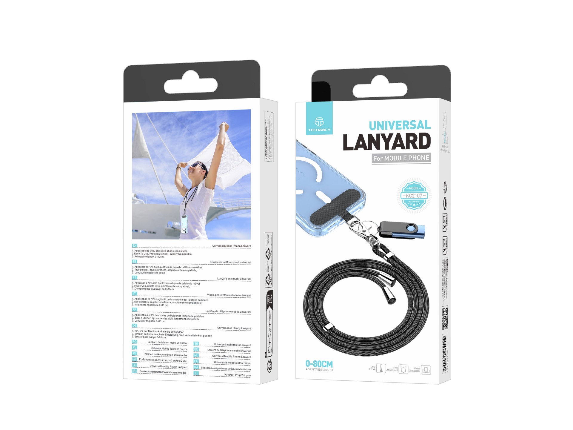 Cable universal negro Techancy KC2107 para teléfono móvil, longitud ajustable de 0 a 80 cm, compatib