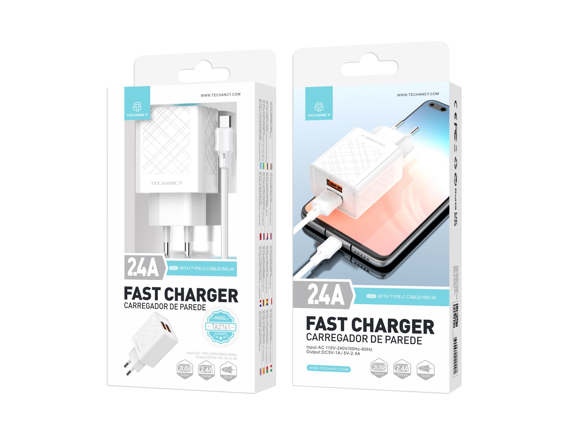 Techancy 2.4A White USB Charger TA2761, USB-TYPE C Cable Kit, 1m 2.4A, Built-in Smart Chip.