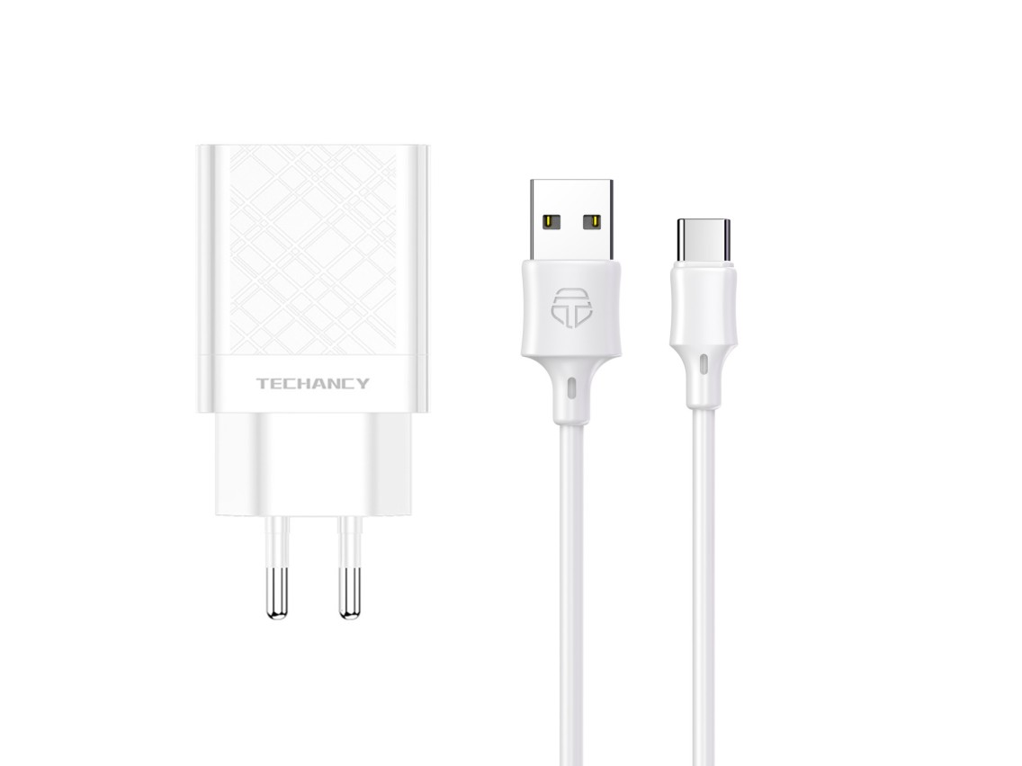 Techancy 2.4A White USB Charger TA2761, USB-TYPE C Cable Kit, 1m 2.4A, Built-in Smart Chip.