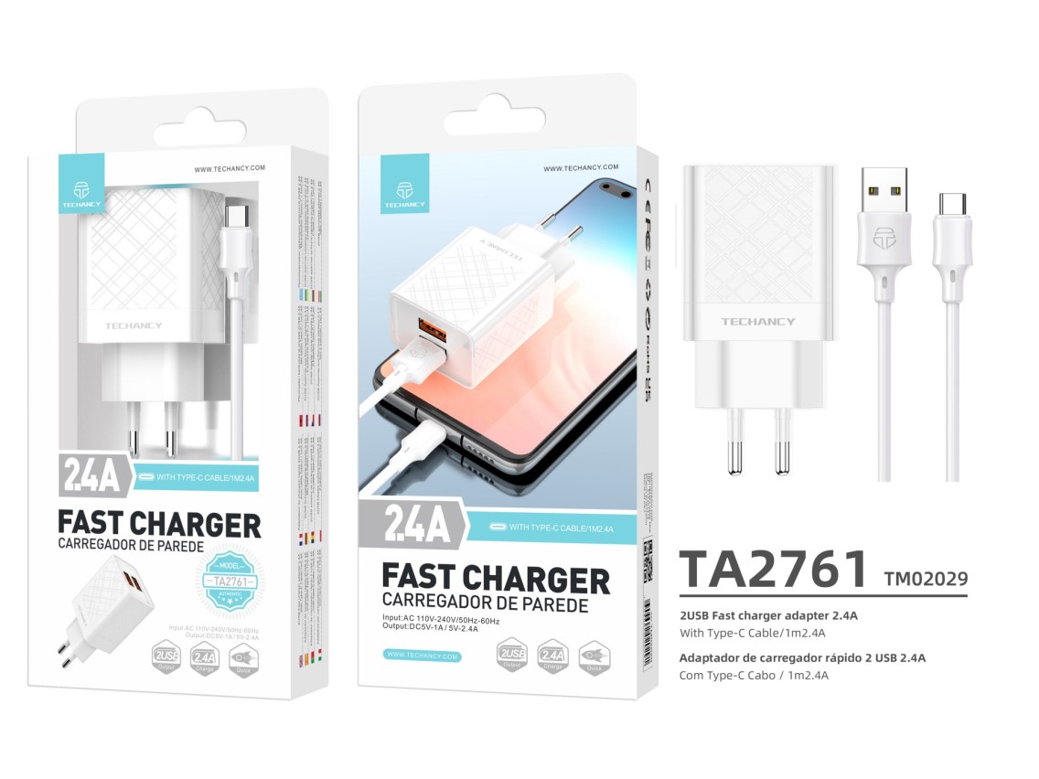 Techancy 2.4A White USB Charger TA2761, USB-TYPE C Cable Kit, 1m 2.4A, Built-in Smart Chip.